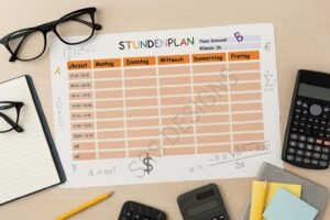 calculatrice et carnet de notes avec horaires