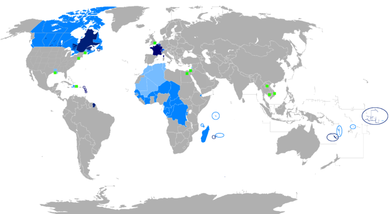 carte du monde avec pays francophones colores