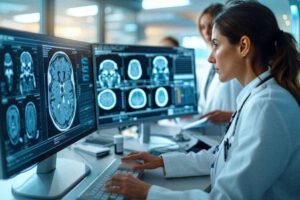 etudiant en radiologie manipulant scanner medical